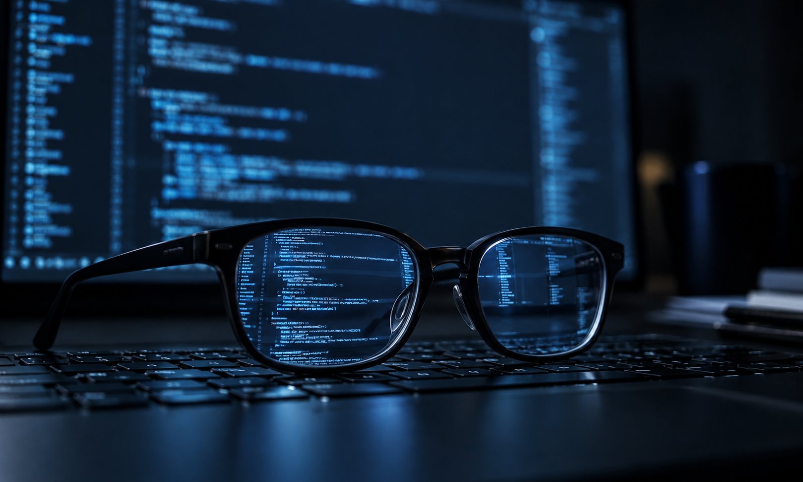 Een bril op een toetsenbord, verlicht door code op het scherm